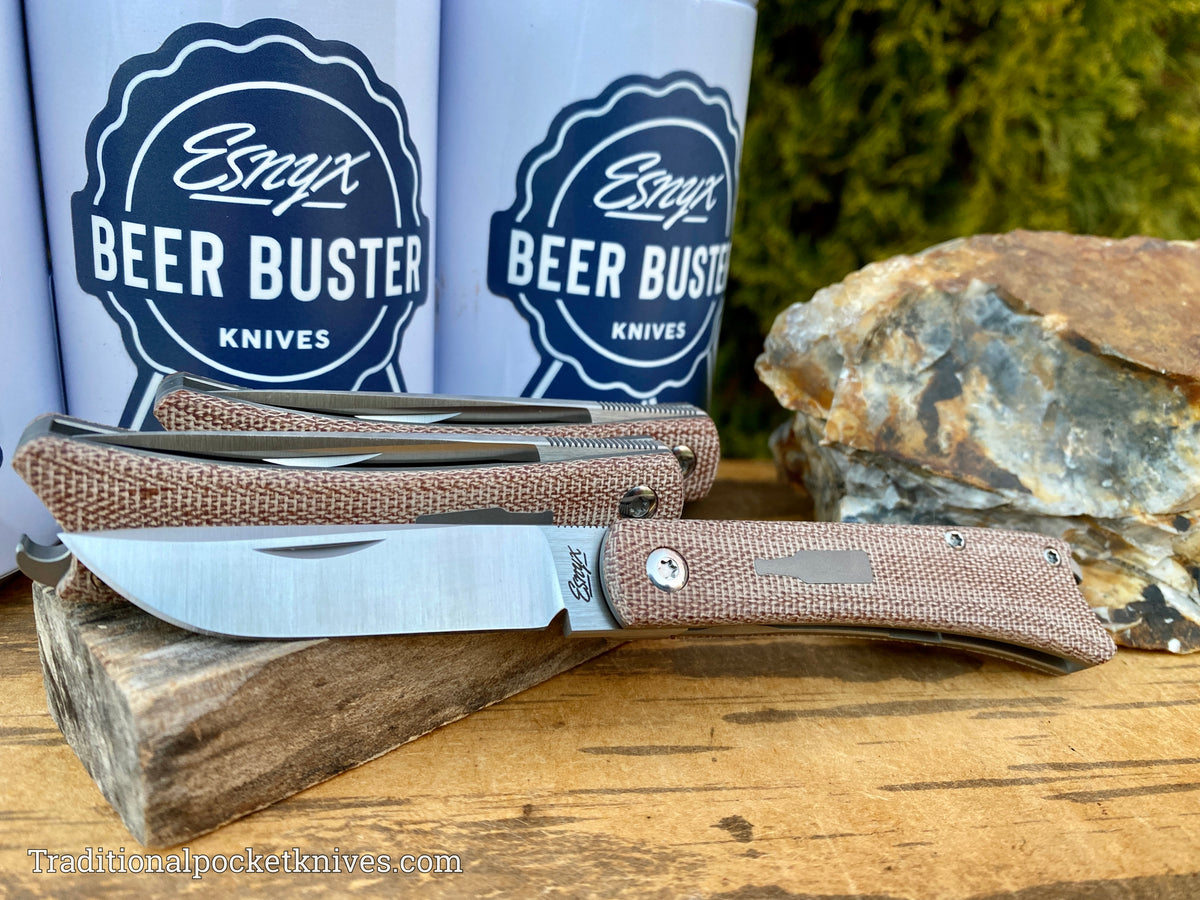 ESNYX Silver Line Beer Buster Junior Front Flipper Brown Micarta Satin M390