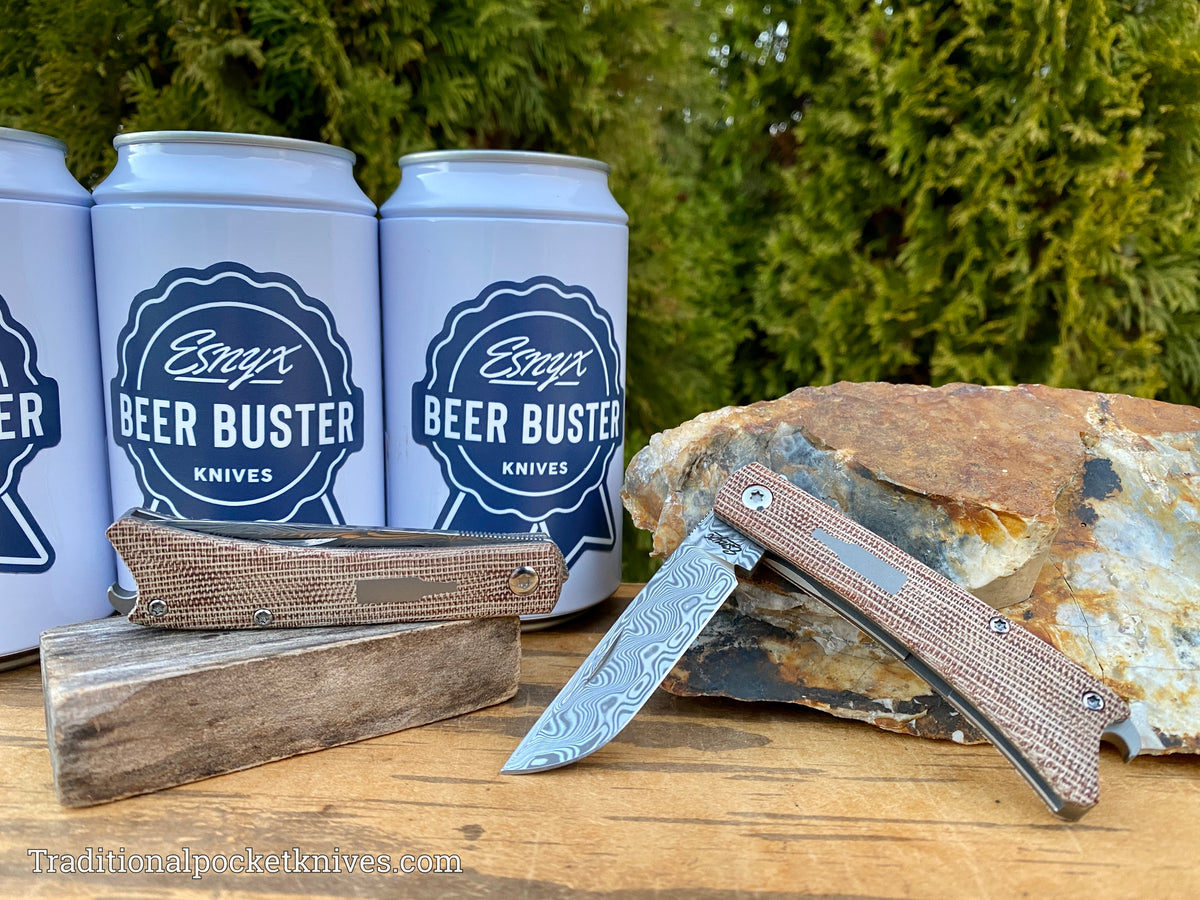 ESNYX Silver Line Beer Buster Junior Front Flipper Brown Micarta Damasteel Blade