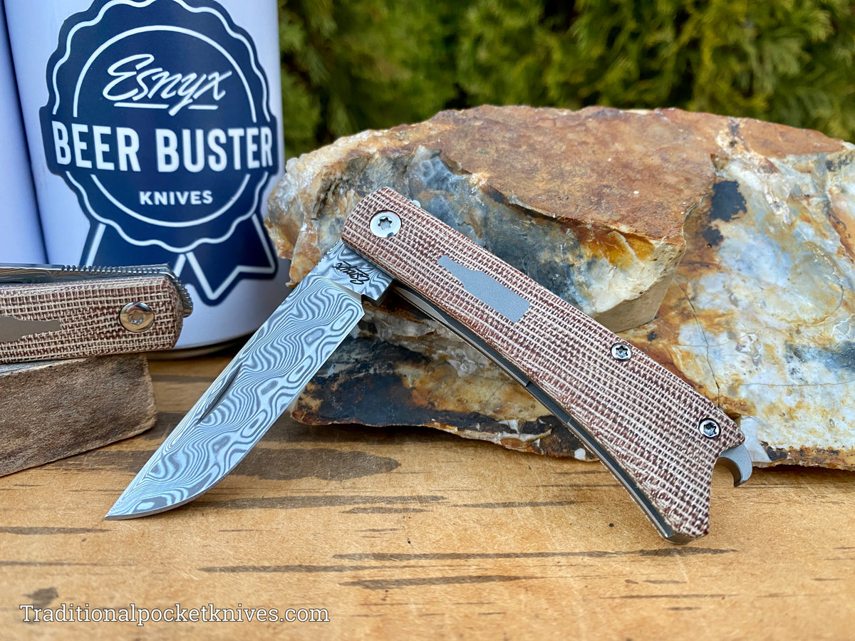 ESNYX Silver Line Beer Buster Junior Front Flipper Brown Micarta Damasteel Blade