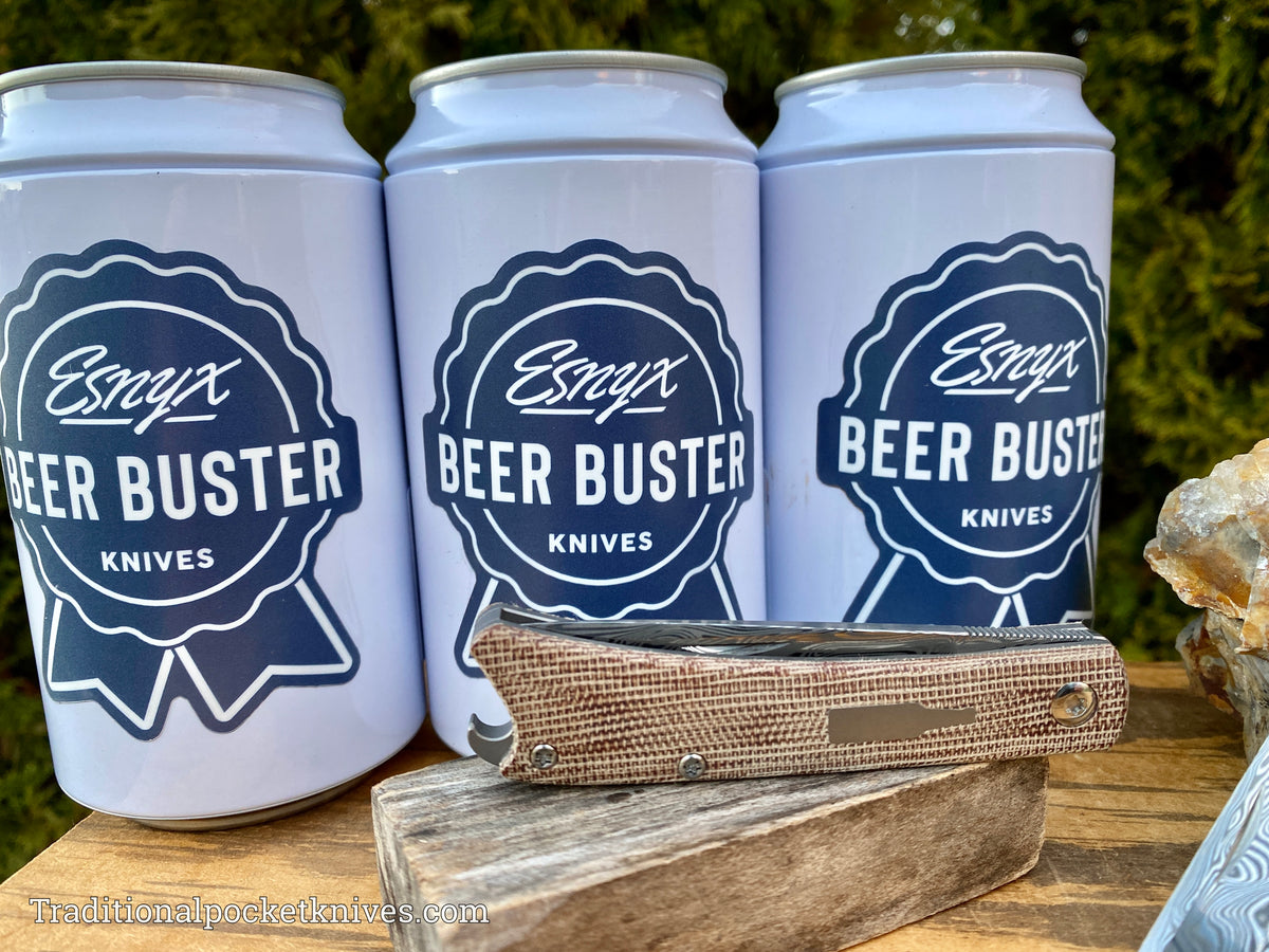 ESNYX Silver Line Beer Buster Junior Front Flipper Brown Micarta Damasteel Blade