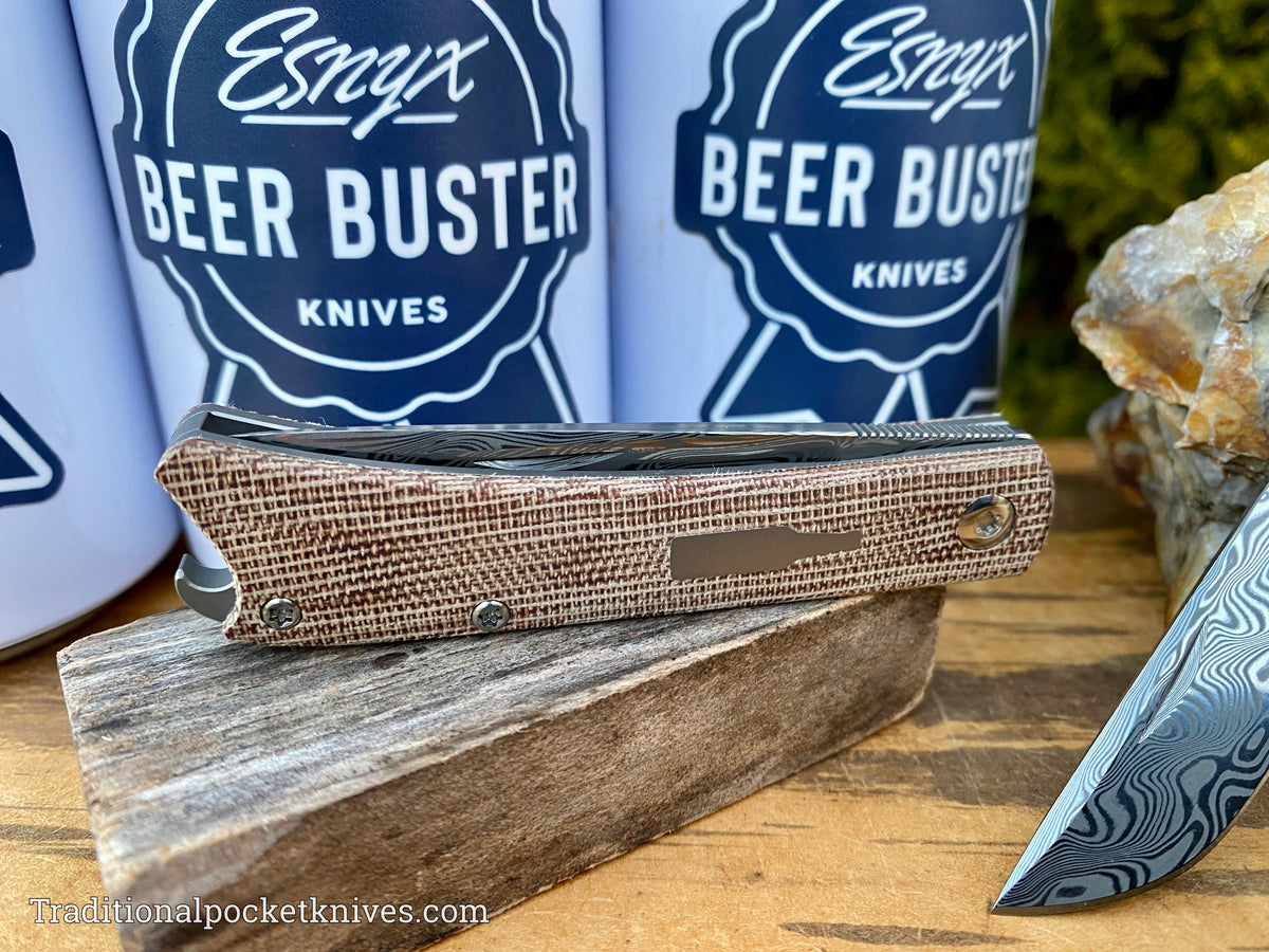 ESNYX Silver Line Beer Buster Junior Front Flipper Brown Micarta Damasteel Blade