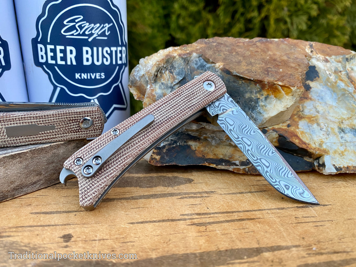 ESNYX Silver Line Beer Buster Junior Front Flipper Brown Micarta Damasteel Blade