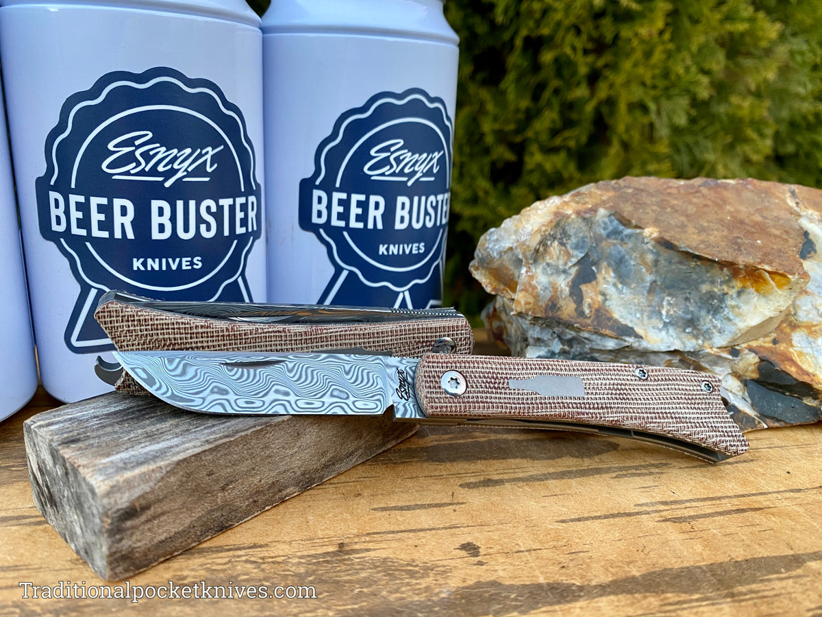 ESNYX Silver Line Beer Buster Junior Front Flipper Brown Micarta Damasteel Blade