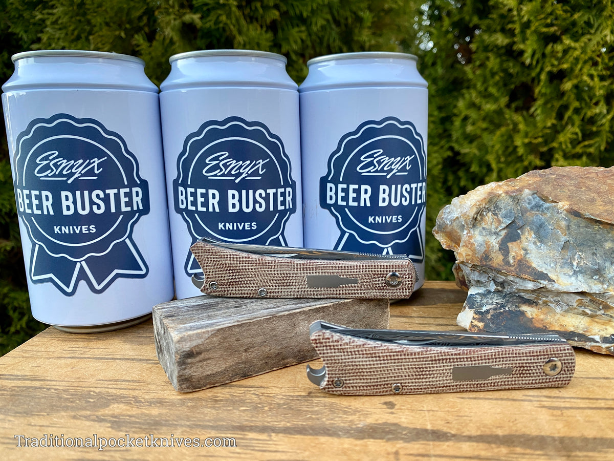 ESNYX Silver Line Beer Buster Junior Front Flipper Brown Micarta Damasteel Blade
