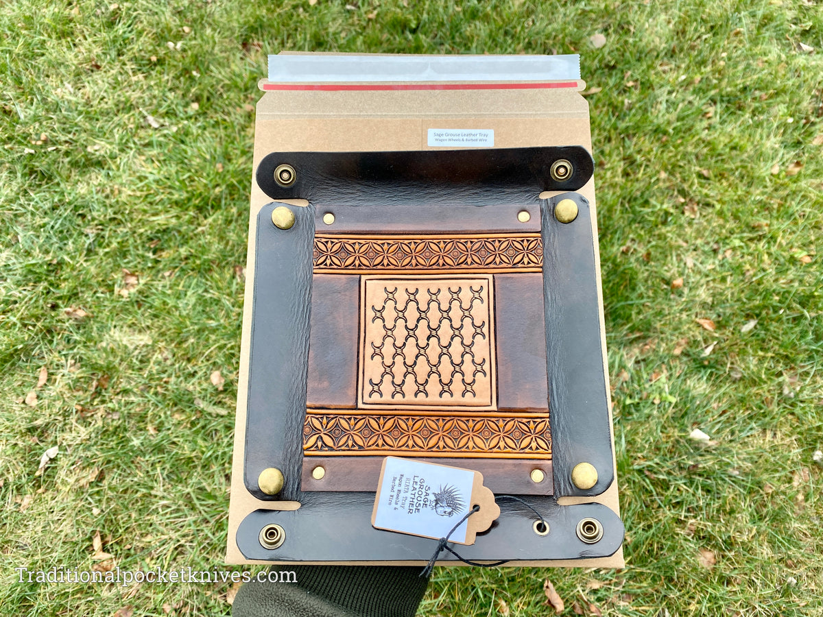 Sage Grouse Leather RIATA Packable Tooled Leather Catch-All Tray Wagon Wheels and Barbed Wire