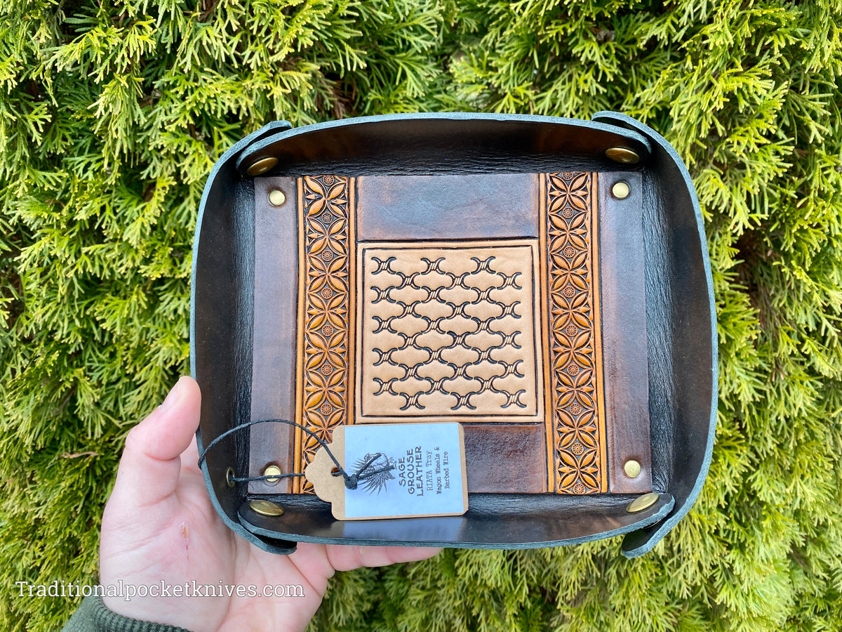 Sage Grouse Leather RIATA Packable Tooled Leather Catch-All Tray Wagon Wheels and Barbed Wire