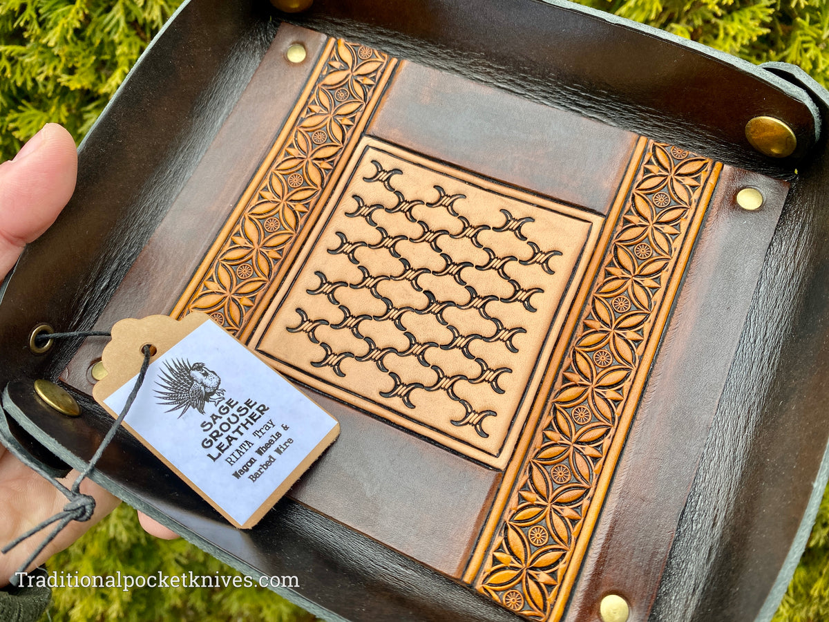 Sage Grouse Leather RIATA Packable Tooled Leather Catch-All Tray Wagon Wheels and Barbed Wire