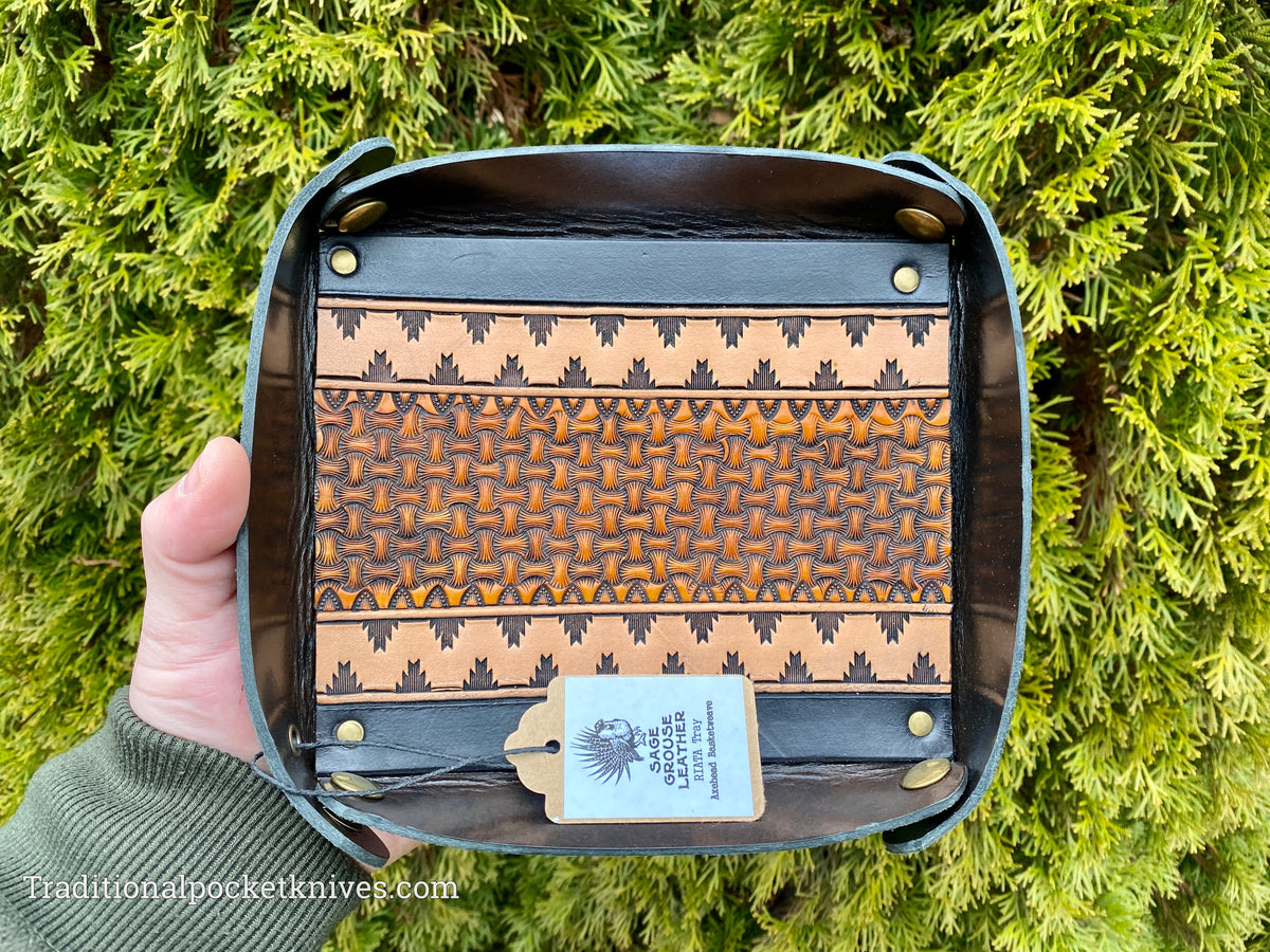 Sage Grouse Leather RIATA Packable Tooled Leather Catch-All Tray Axehead Basketweave
