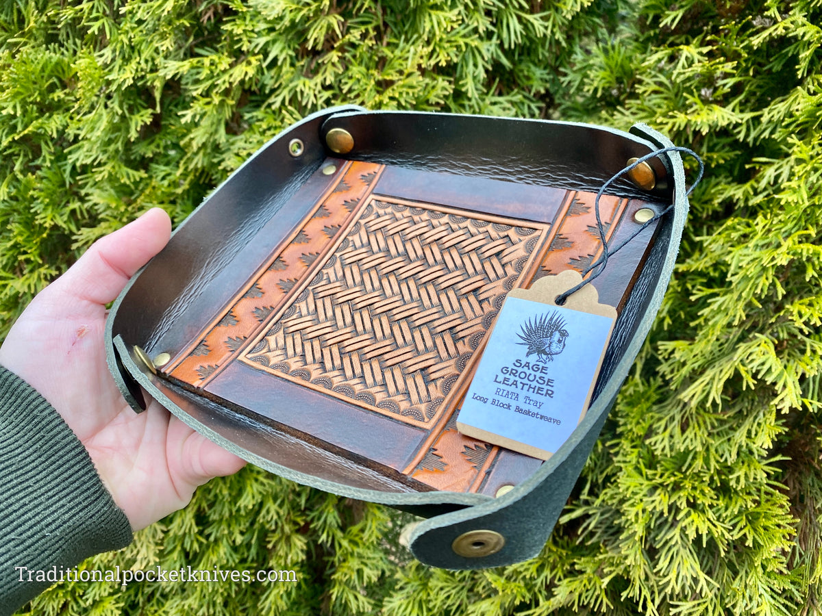 Sage Grouse Leather RIATA Packable Tooled Leather Catch-All Tray Long Block Basketweave