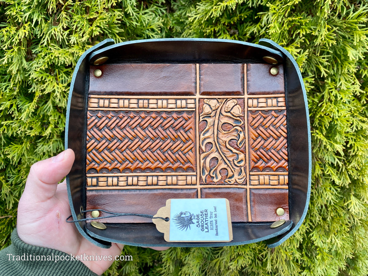 Sage Grouse Leather RIATA Packable Tooled Leather Catch-All Tray Hand-Carved Oak Leaf