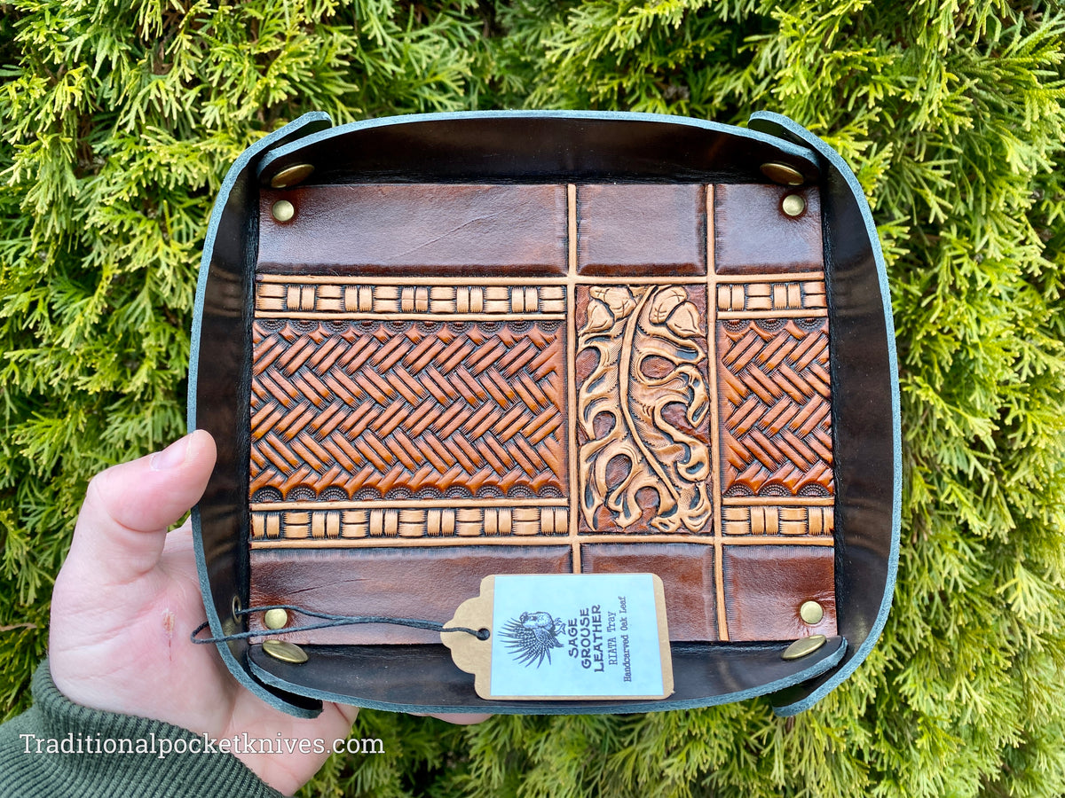 Sage Grouse Leather RIATA Packable Tooled Leather Catch-All Tray Hand-Carved Oak Leaf