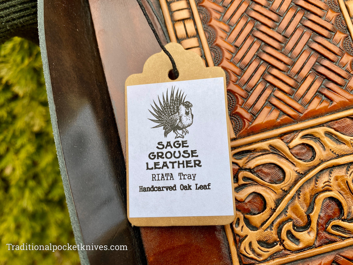 Sage Grouse Leather RIATA Packable Tooled Leather Catch-All Tray Hand-Carved Oak Leaf