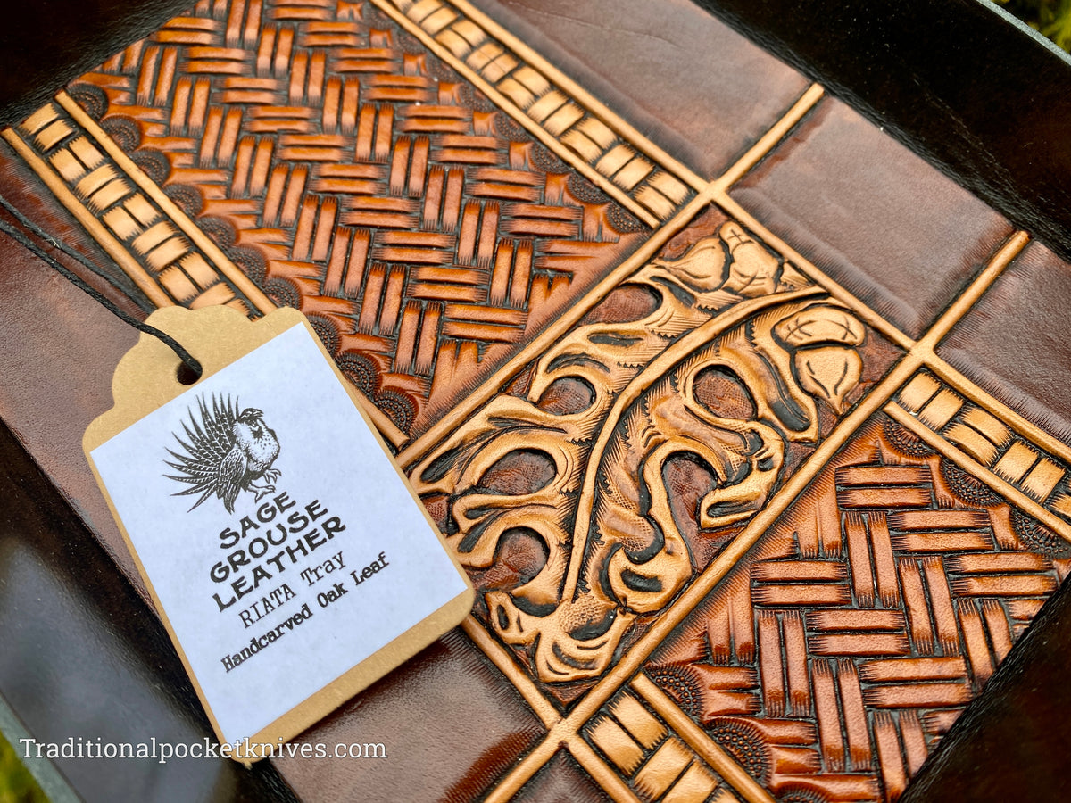 Sage Grouse Leather RIATA Packable Tooled Leather Catch-All Tray Hand-Carved Oak Leaf