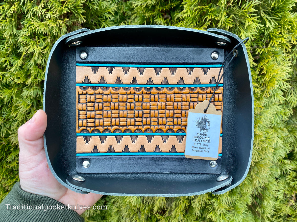 Sage Grouse Leather RIATA Packable Tooled Leather Catch-All Tray Block Basket w/Turquoise