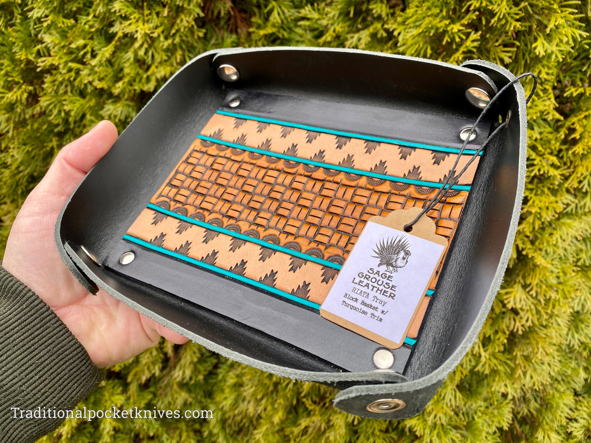 Sage Grouse Leather RIATA Packable Tooled Leather Catch-All Tray Block Basket w/Turquoise