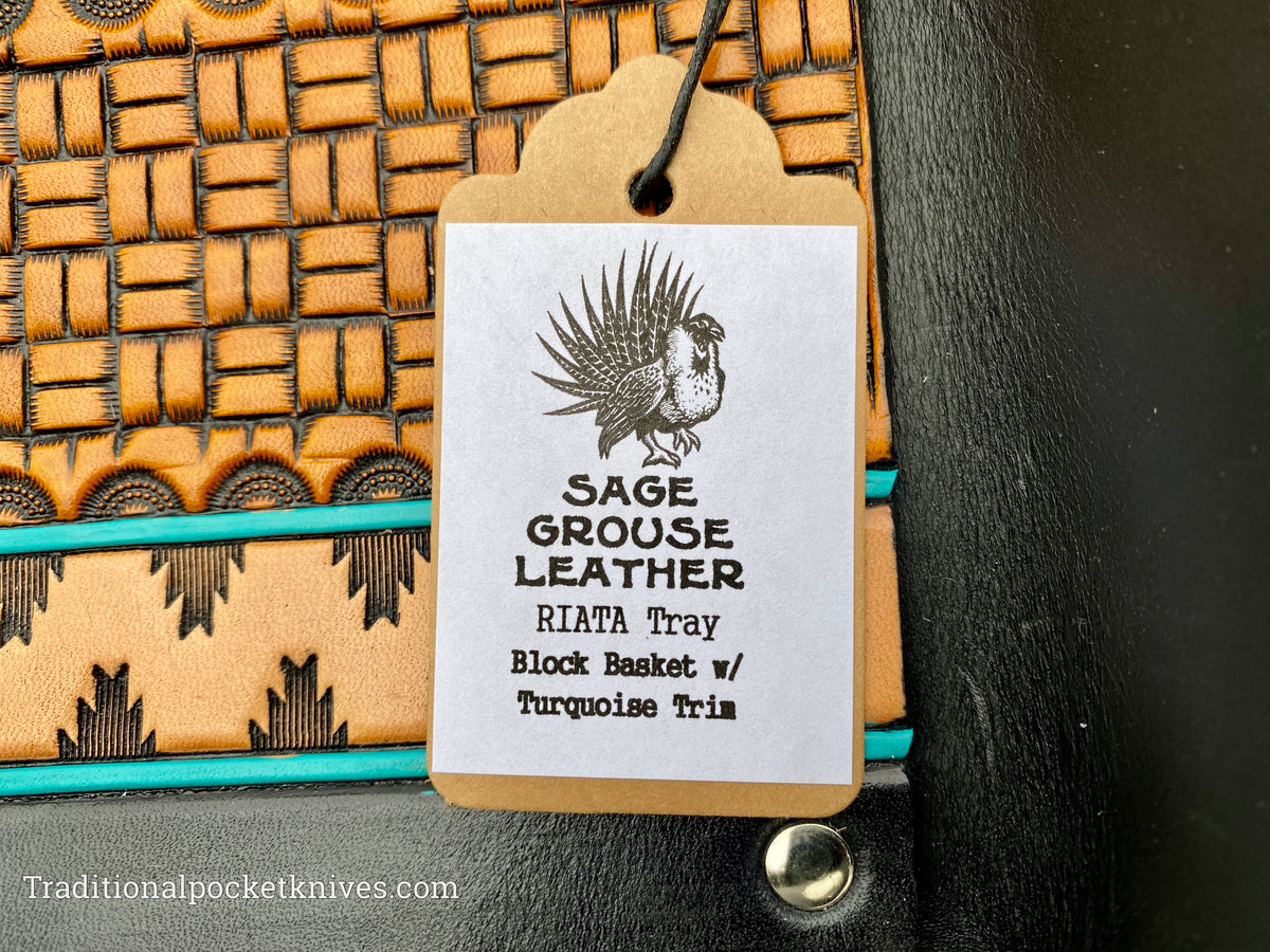 Sage Grouse Leather RIATA Packable Tooled Leather Catch-All Tray Block Basket w/Turquoise