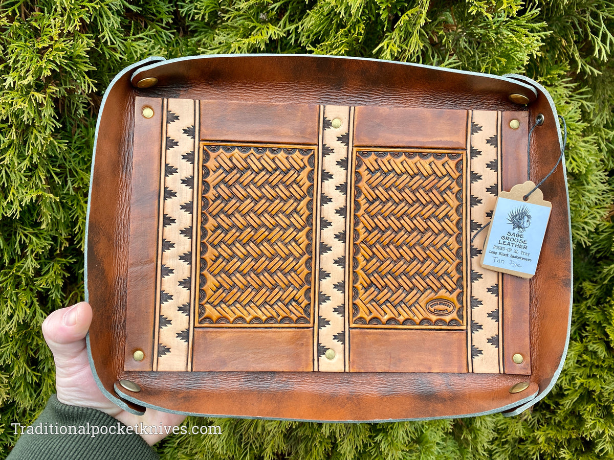 Sage Grouse Leather ROUND-UP XL Packable Tooled Leather Catch-All Tray Long Block Basketweave (Tan)