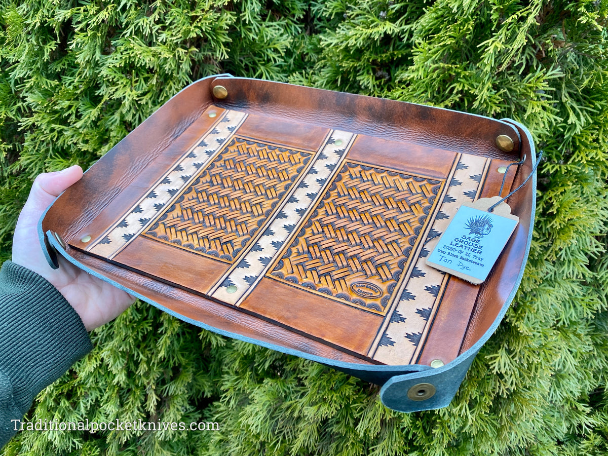 Sage Grouse Leather ROUND-UP XL Packable Tooled Leather Catch-All Tray Long Block Basketweave (Tan)