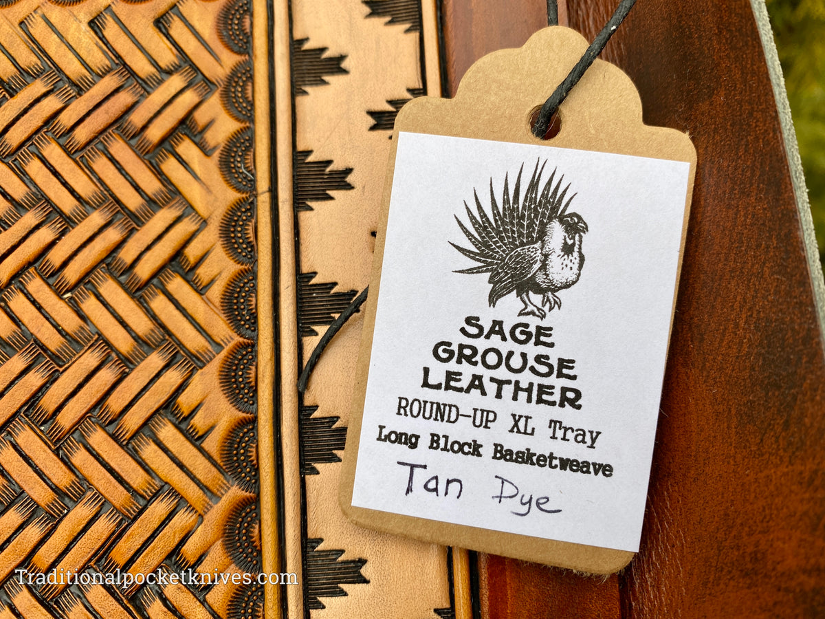 Sage Grouse Leather ROUND-UP XL Packable Tooled Leather Catch-All Tray Long Block Basketweave (Tan)
