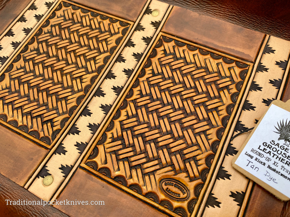 Sage Grouse Leather ROUND-UP XL Packable Tooled Leather Catch-All Tray Long Block Basketweave (Tan)