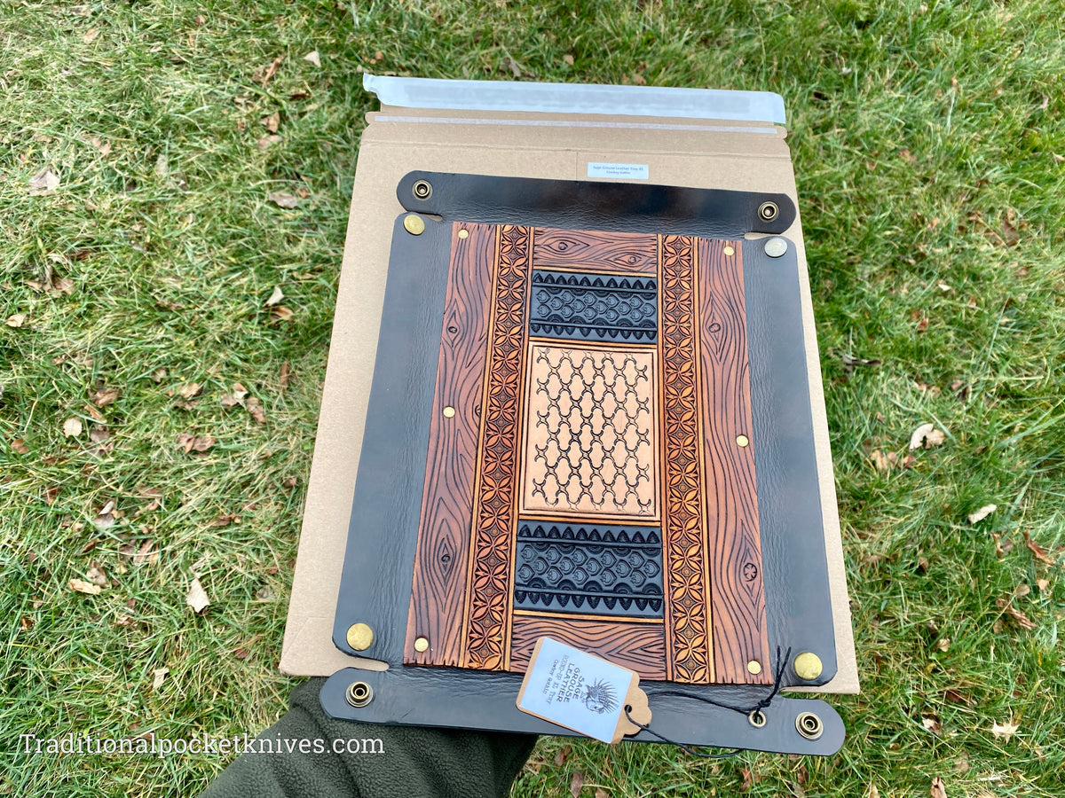 Sage Grouse Leather ROUND-UP XL Packable Tooled Leather Catch-All Tray Long Block Basketweave (Tan)