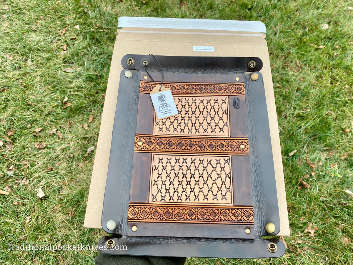 Sage Grouse Leather ROUND-UP XL Packable Tooled Leather Catch-All Tray Wagon Wheels &amp; Barbed Wire