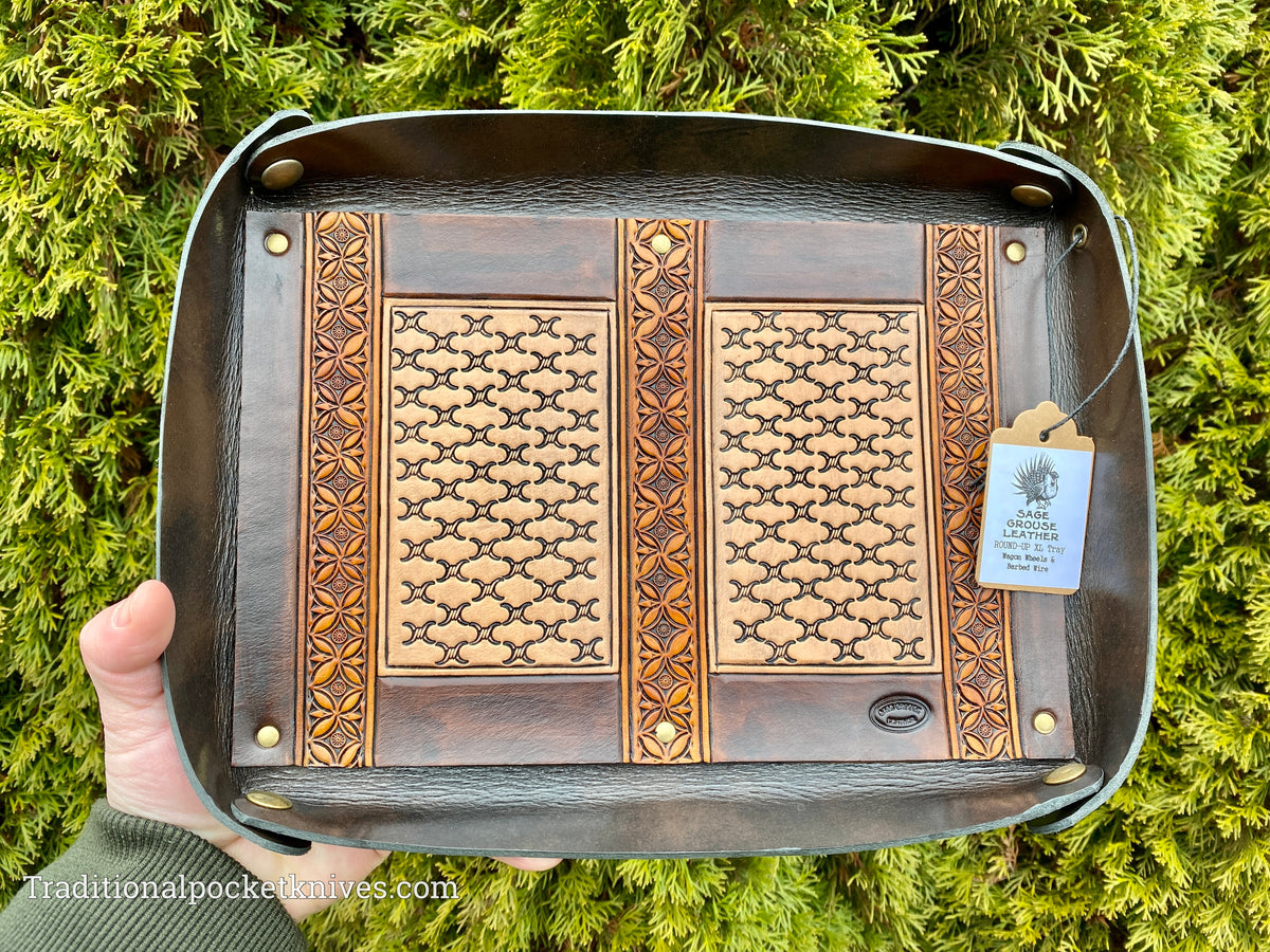 Sage Grouse Leather ROUND-UP XL Packable Tooled Leather Catch-All Tray Wagon Wheels &amp; Barbed Wire