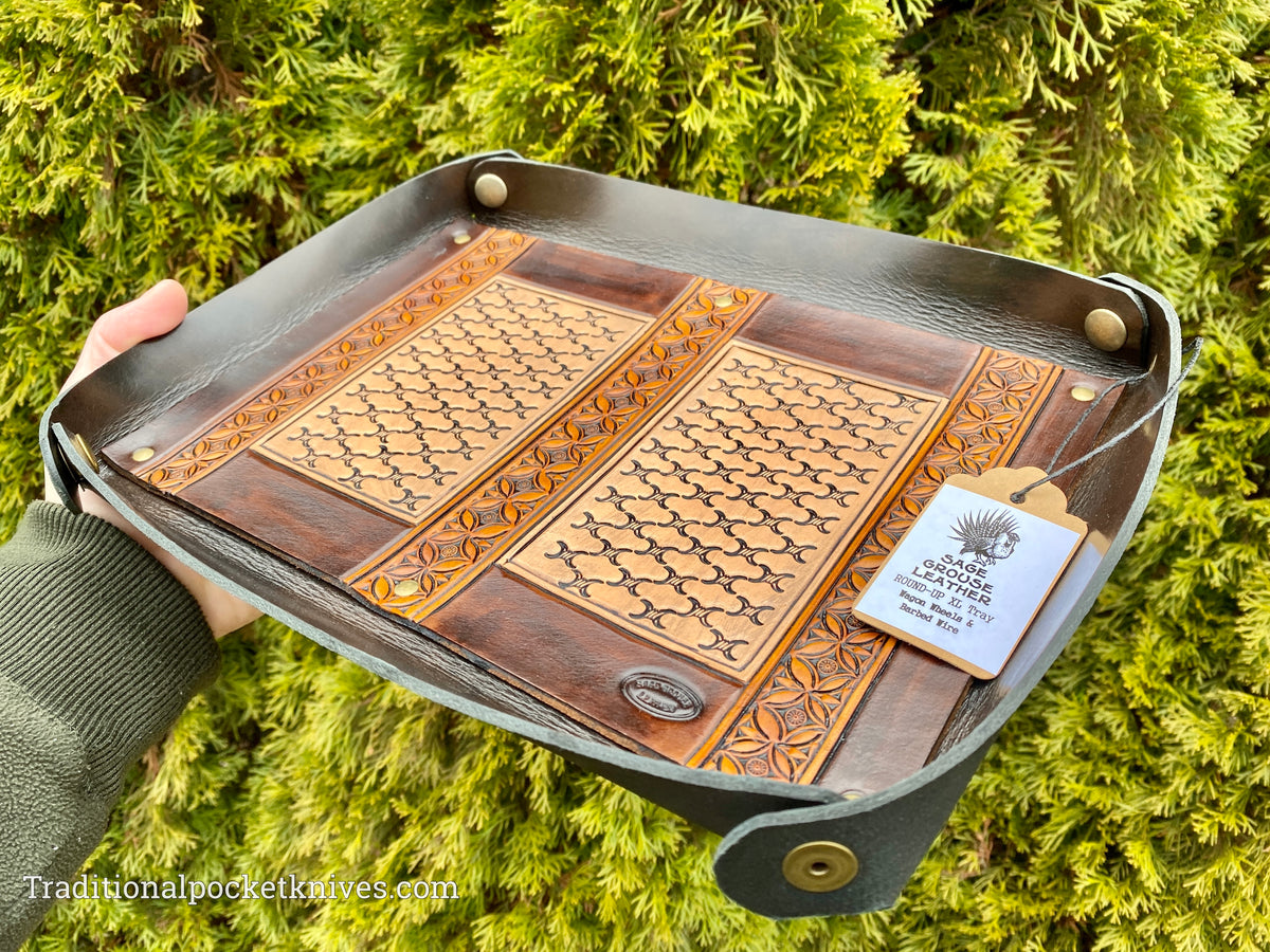 Sage Grouse Leather ROUND-UP XL Packable Tooled Leather Catch-All Tray Wagon Wheels &amp; Barbed Wire