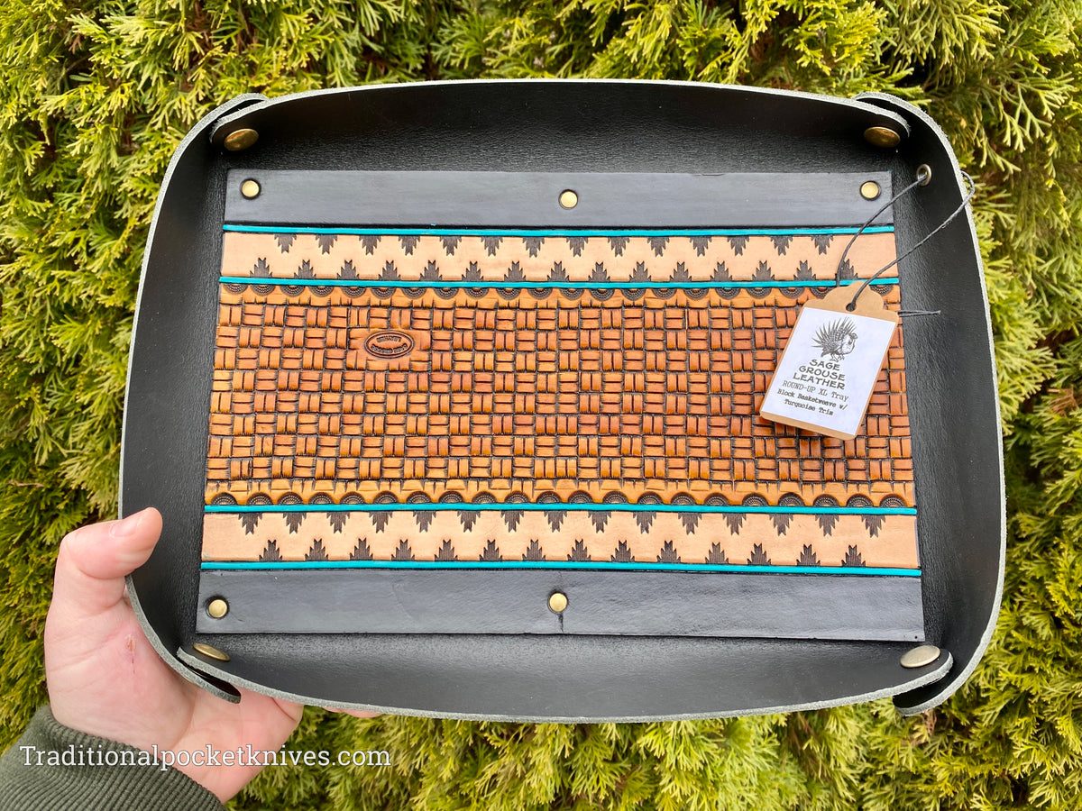 Sage Grouse Leather ROUND-UP XL Packable Tooled Leather Catch-All Tray Block Basketweave w/Turquoise Trim