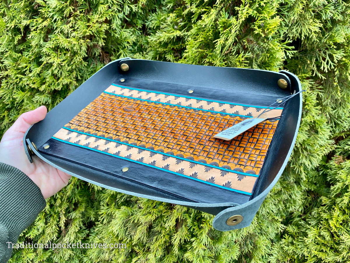 Sage Grouse Leather ROUND-UP XL Packable Tooled Leather Catch-All Tray Block Basketweave w/Turquoise Trim