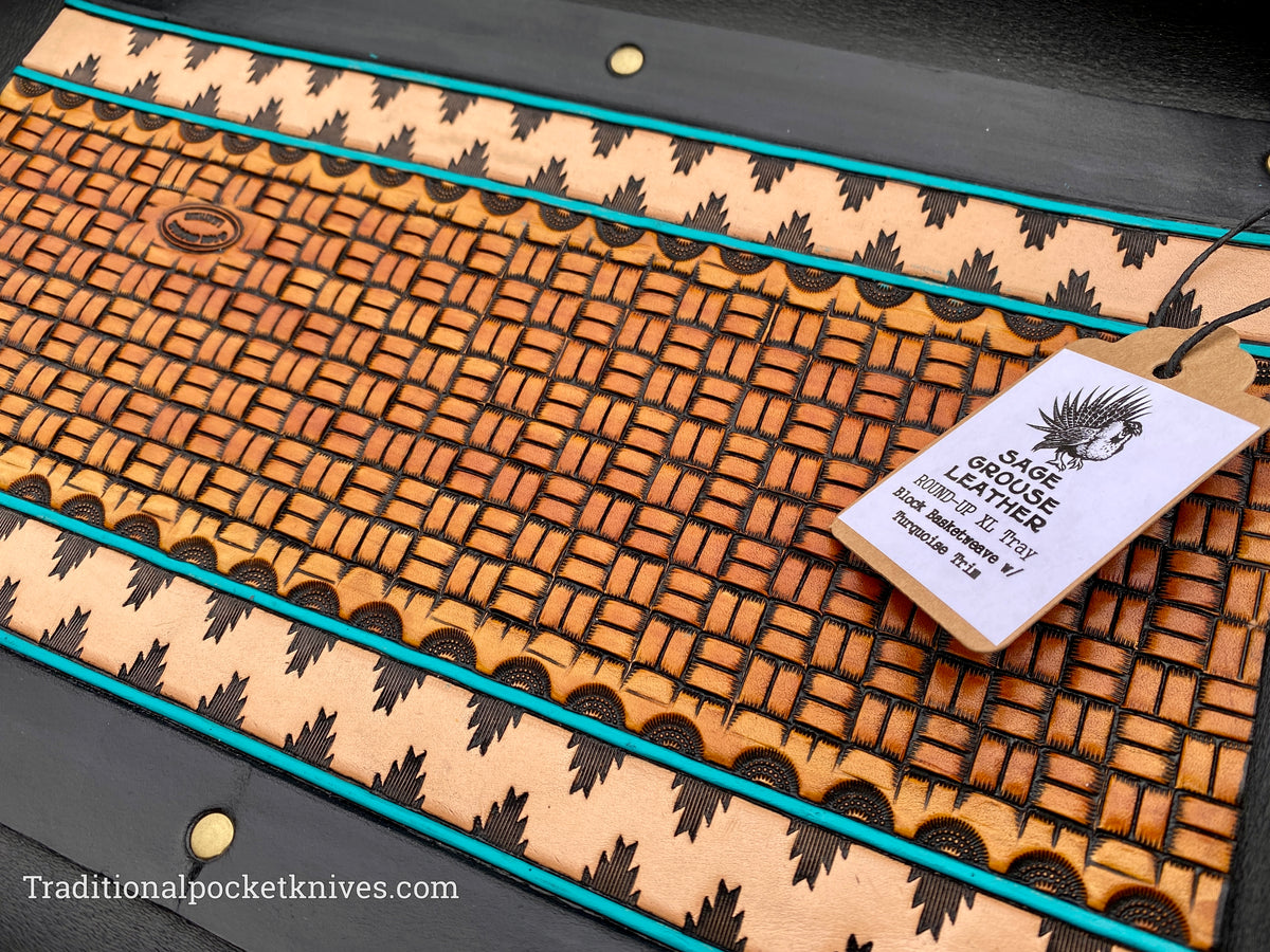 Sage Grouse Leather ROUND-UP XL Packable Tooled Leather Catch-All Tray Block Basketweave w/Turquoise Trim