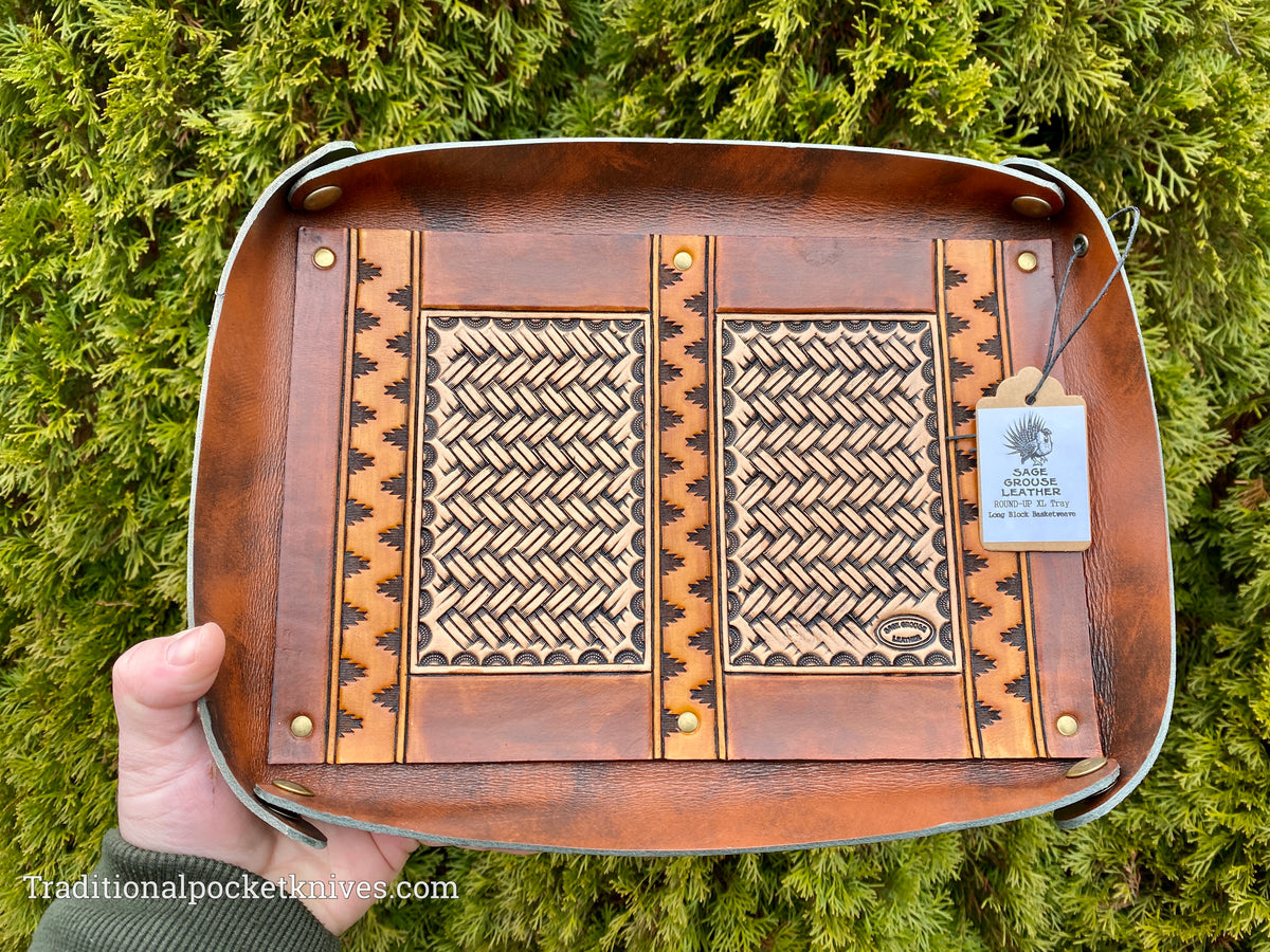 Sage Grouse Leather ROUND-UP XL Packable Tooled Leather Catch-All Tray Long Block Basketweave (Natural)