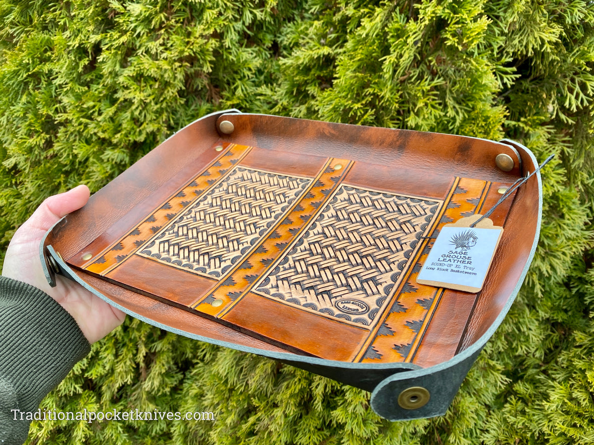 Sage Grouse Leather ROUND-UP XL Packable Tooled Leather Catch-All Tray Long Block Basketweave (Natural)