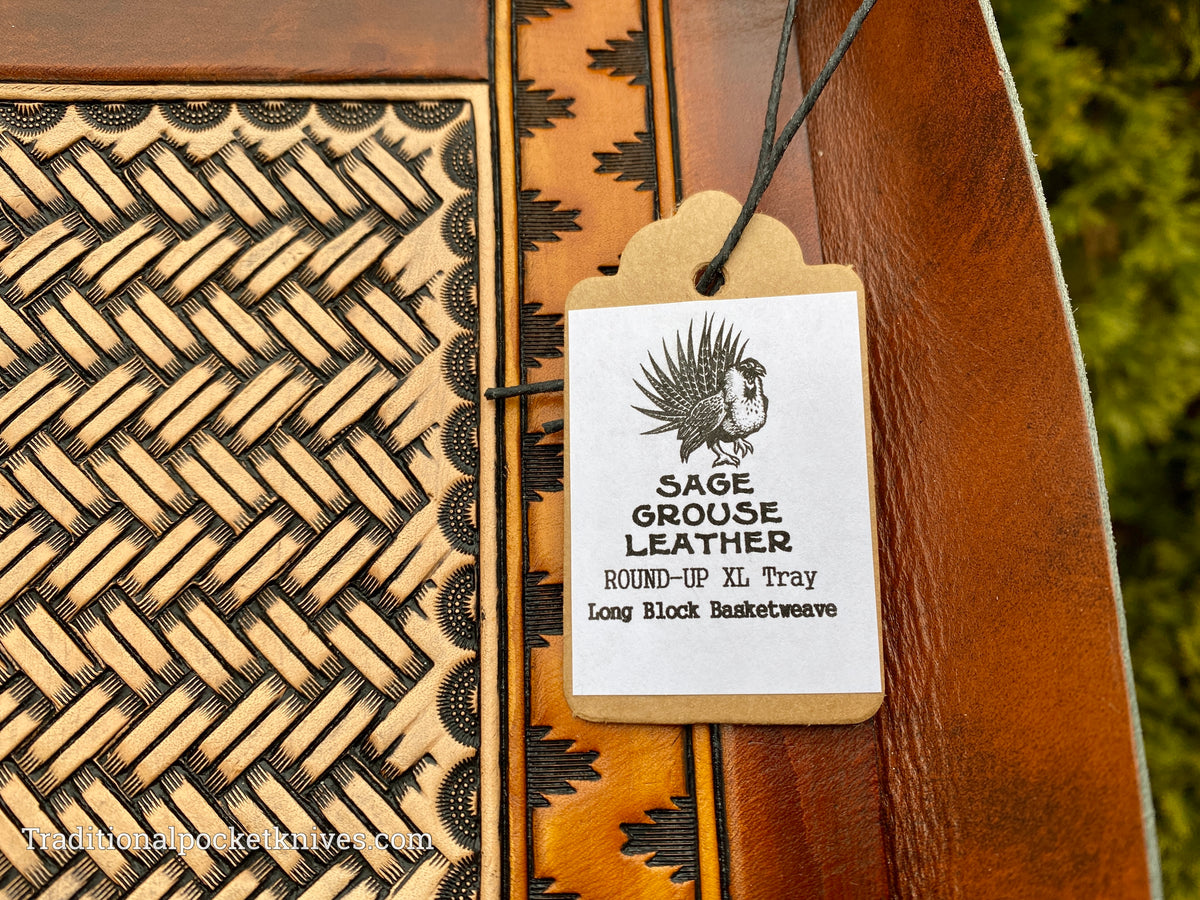 Sage Grouse Leather ROUND-UP XL Packable Tooled Leather Catch-All Tray Long Block Basketweave (Natural)