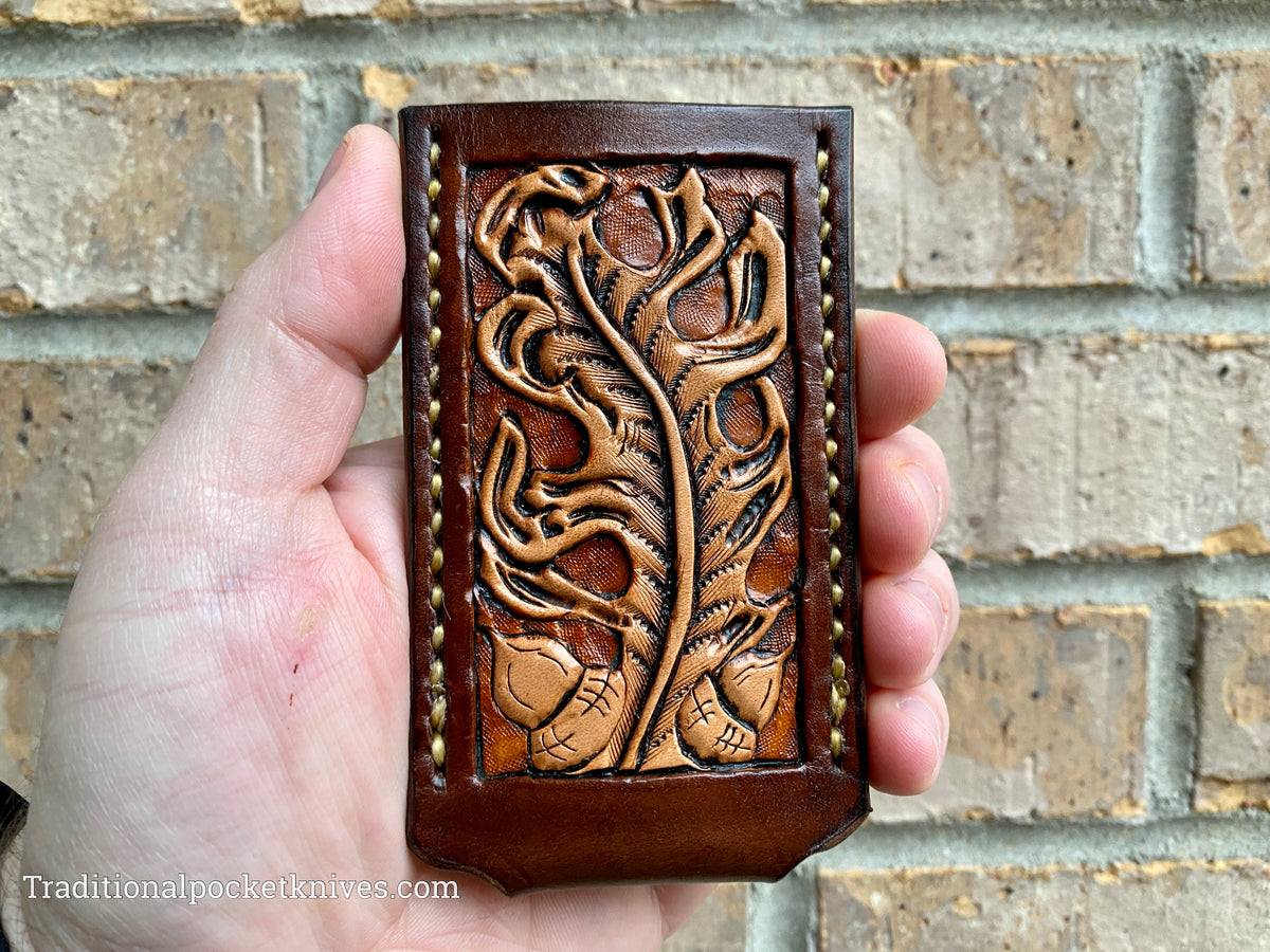 Sage Grouse Leather: Leather Knife Slip Small &quot;Hand Carved Oak Leaf&quot;