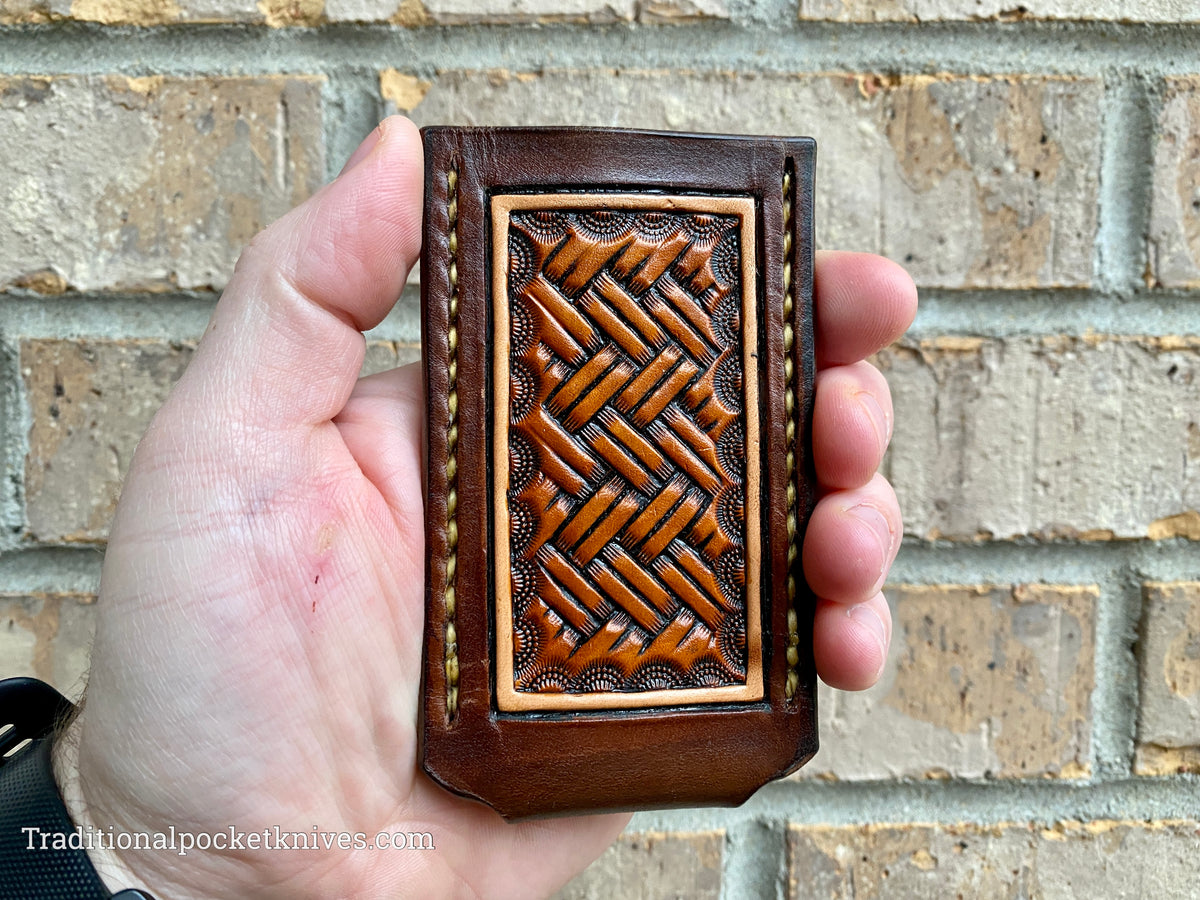 Sage Grouse Leather: Leather Knife Slip Small &quot;Hand Carved Oak Leaf&quot;