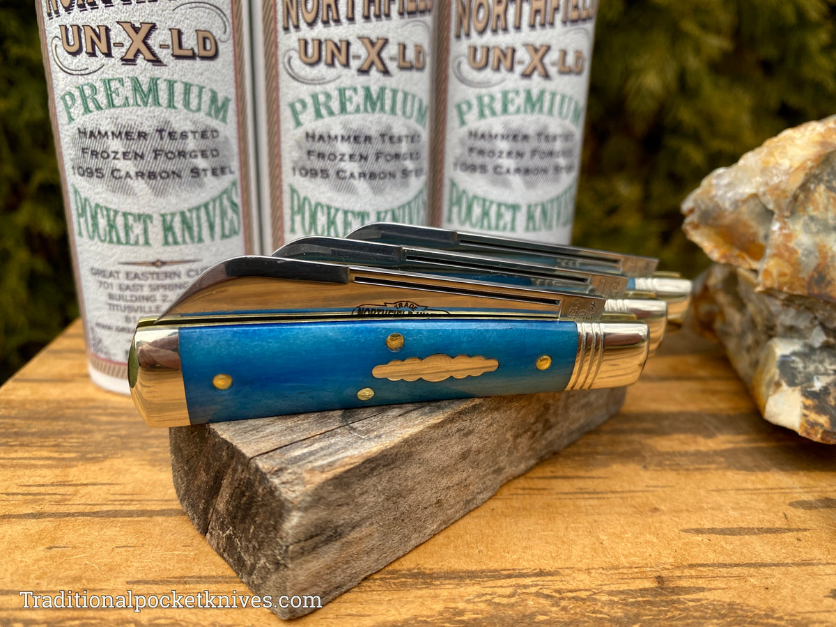 Great Eastern Cutlery #493121 Northfield UNXLD Freedom Blue Smooth Camel Bone