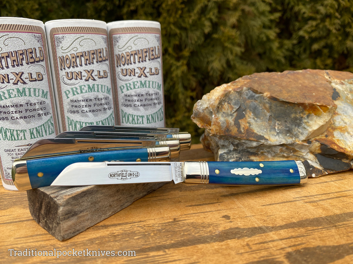 Great Eastern Cutlery #493121 Northfield UNXLD Freedom Blue Smooth Camel Bone
