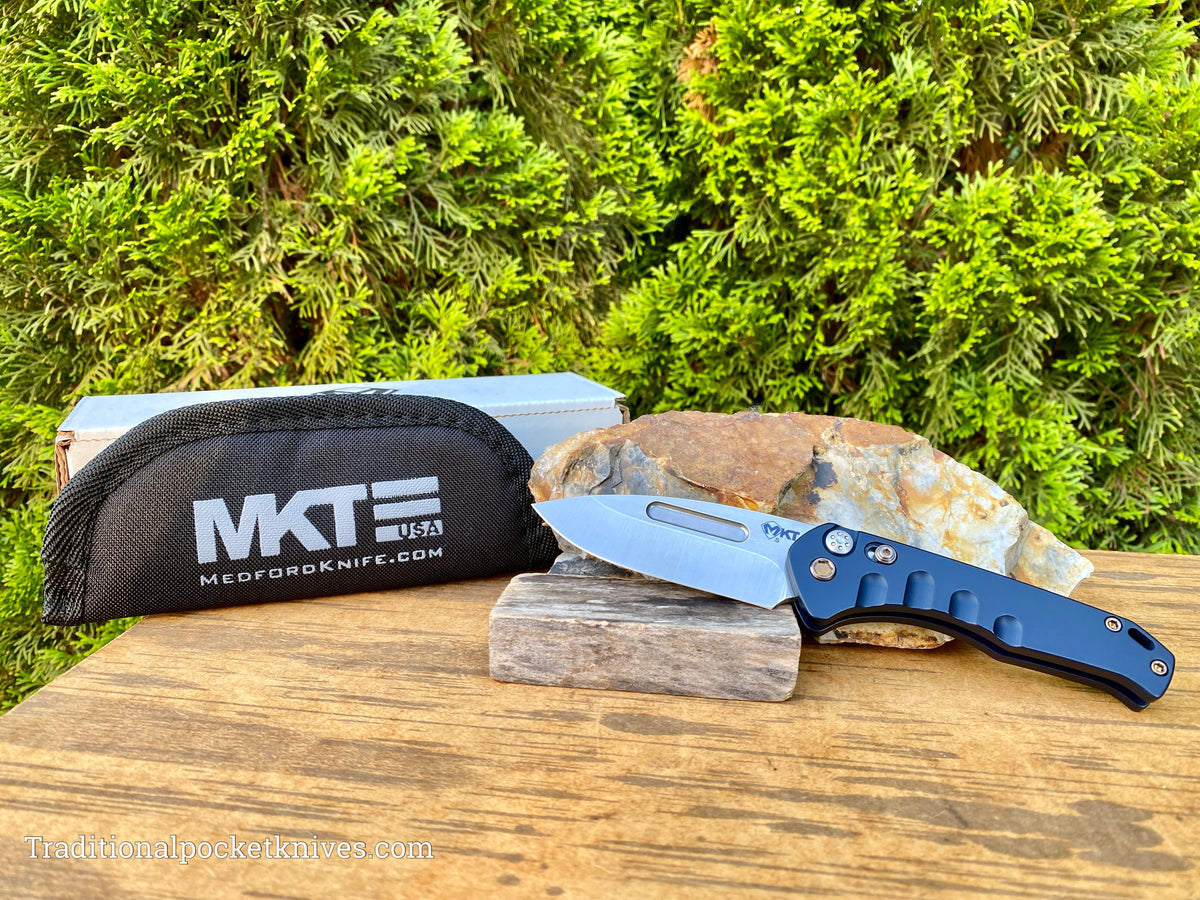 Medford Knives Praetorian Swift Auto Tumbled Drop Point / S35VN / Blue PVD Handles / Bronze HW / Bronze Clip