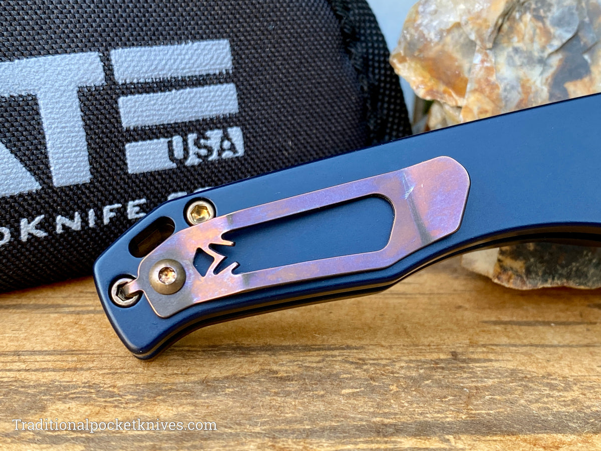 Medford Knives Praetorian Swift Auto Tumbled Drop Point / S35VN / Blue PVD Handles / Bronze HW / Bronze Clip