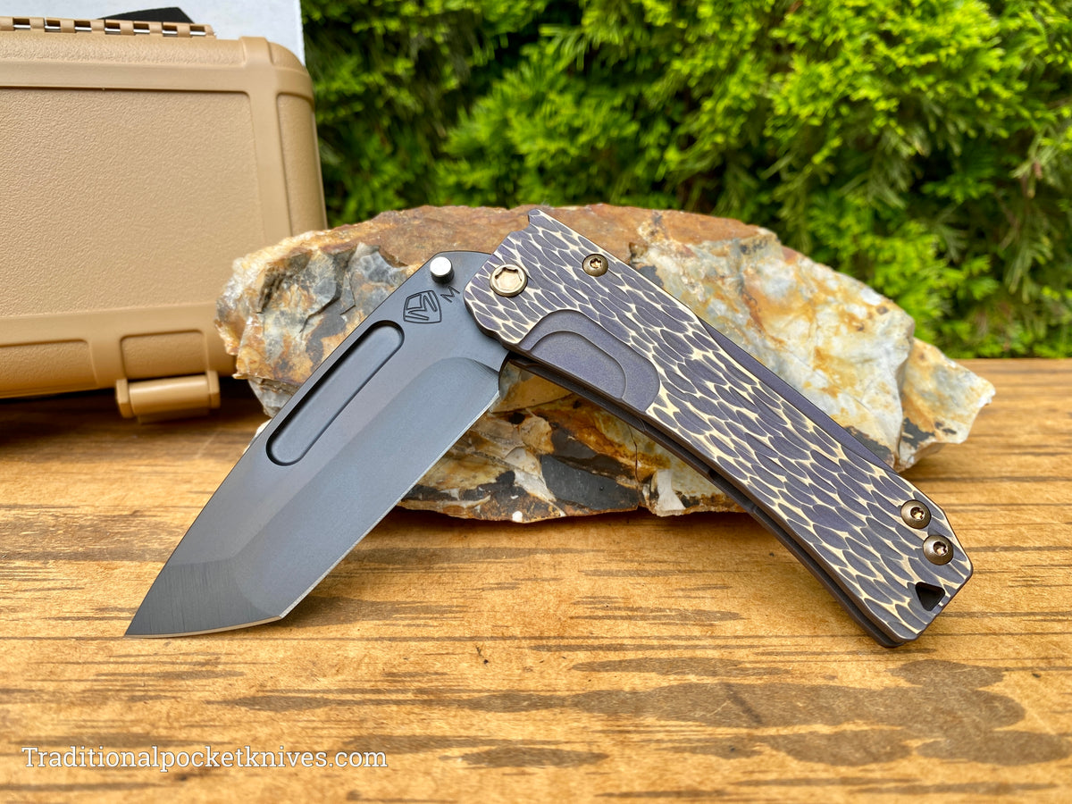 Medford Knives Slim Midi PVD Tanto / Magnacut / Bead Blasted, Violet w/Brushed, Bronze Flats &quot;Dragon Skin&quot; Handle / Bronze HW / PVD Clip