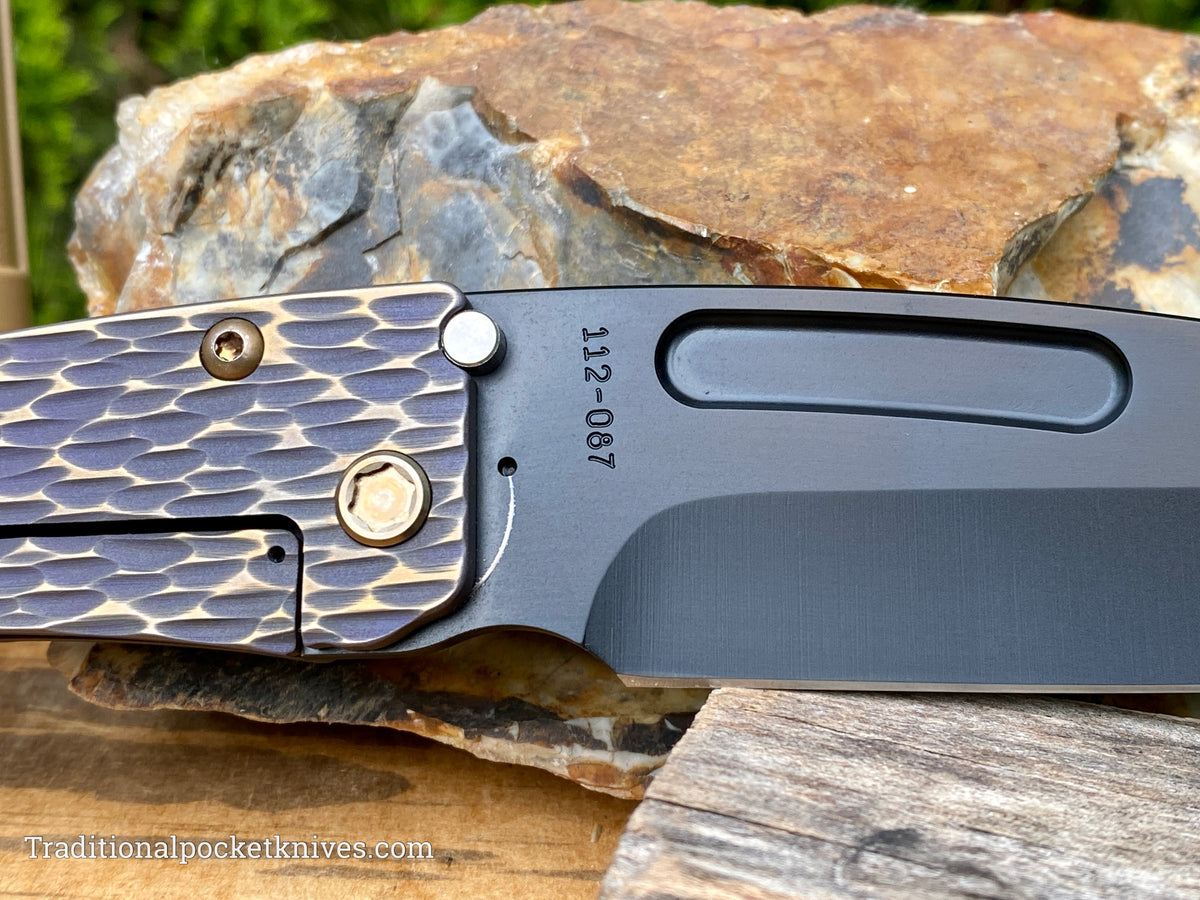 Medford Knives Slim Midi PVD Tanto / Magnacut / Bead Blasted, Violet w/Brushed, Bronze Flats &quot;Dragon Skin&quot; Handle / Bronze HW / PVD Clip