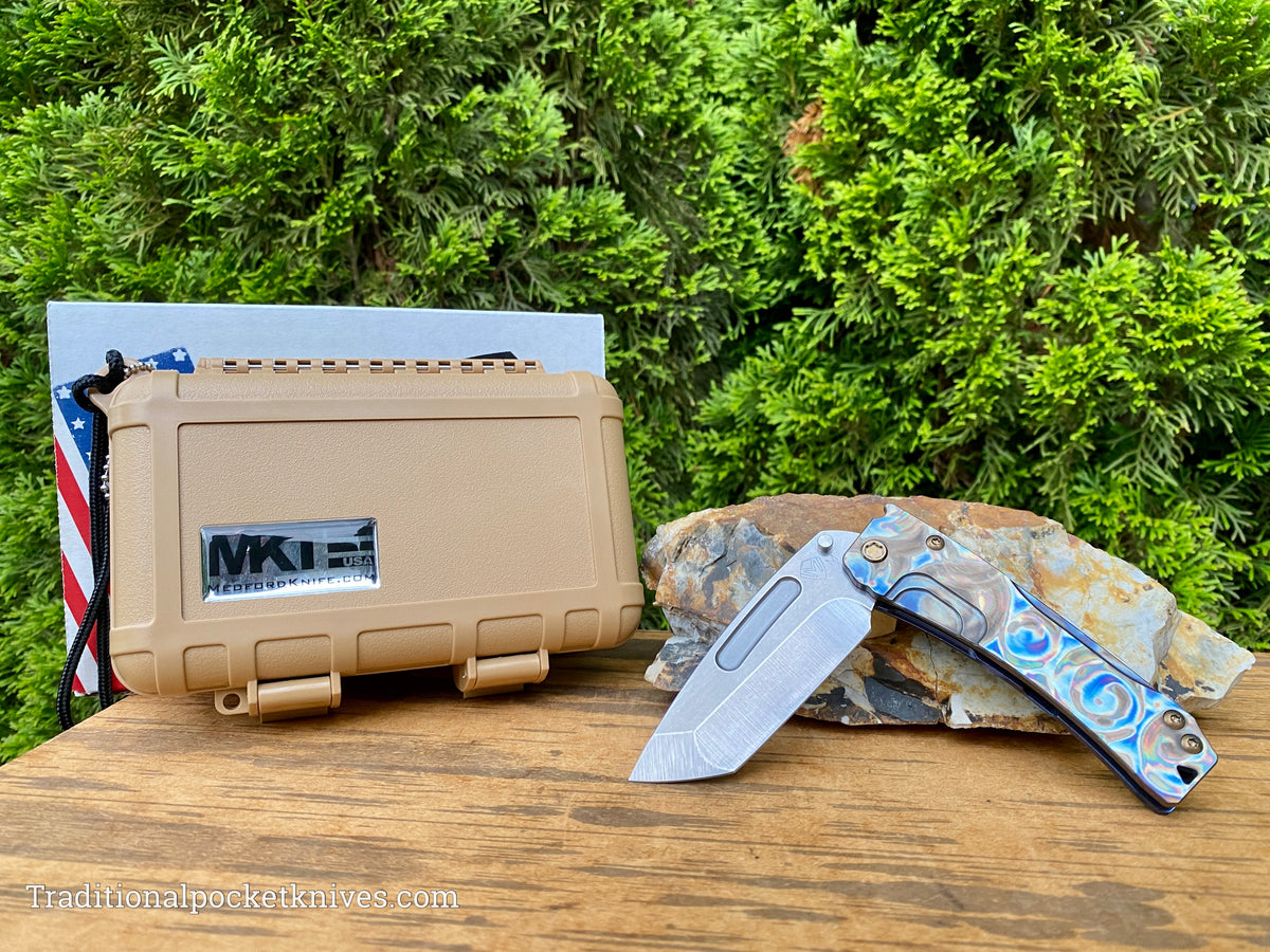 Medford Knives Slim Midi Tumbled Tanto / Magnacut / Faced Flamed &quot;Starry Night&quot; Handle, Blue Spring / Bronze HW / Brushed Flamed Clip