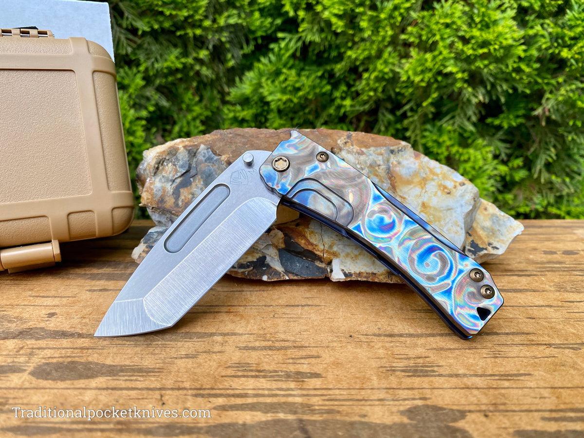 Medford Knives Slim Midi Tumbled Tanto / Magnacut / Faced Flamed &quot;Starry Night&quot; Handle, Blue Spring / Bronze HW / Brushed Flamed Clip