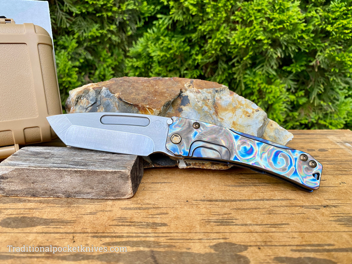 Medford Knives Slim Midi Tumbled Tanto / Magnacut / Faced Flamed &quot;Starry Night&quot; Handle, Blue Spring / Bronze HW / Brushed Flamed Clip