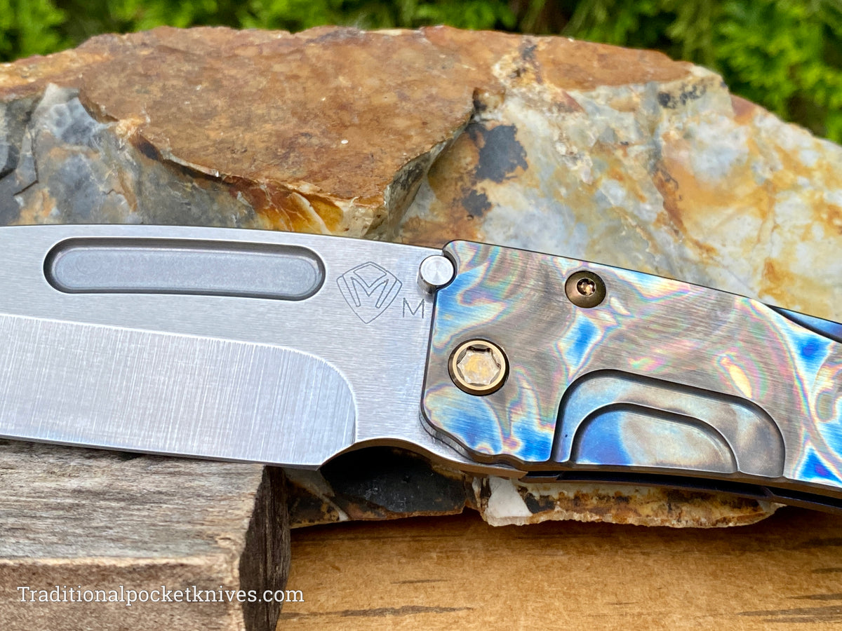 Medford Knives Slim Midi Tumbled Tanto / Magnacut / Faced Flamed &quot;Starry Night&quot; Handle, Blue Spring / Bronze HW / Brushed Flamed Clip