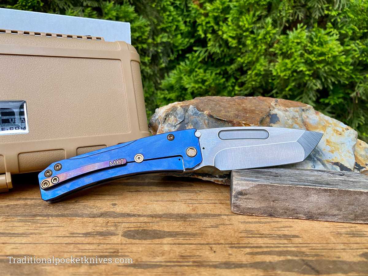 Medford Knives Slim Midi Tumbled Tanto / Magnacut / Faced Flamed &quot;Starry Night&quot; Handle, Blue Spring / Bronze HW / Brushed Flamed Clip