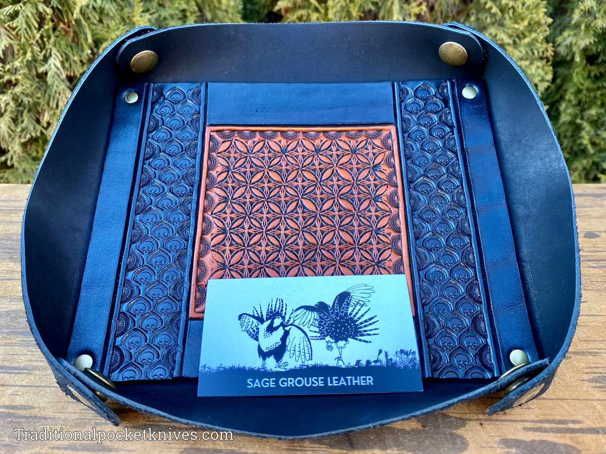 Sage Grouse Leather: Packable Valet Tray &quot;Black Skulls&quot;