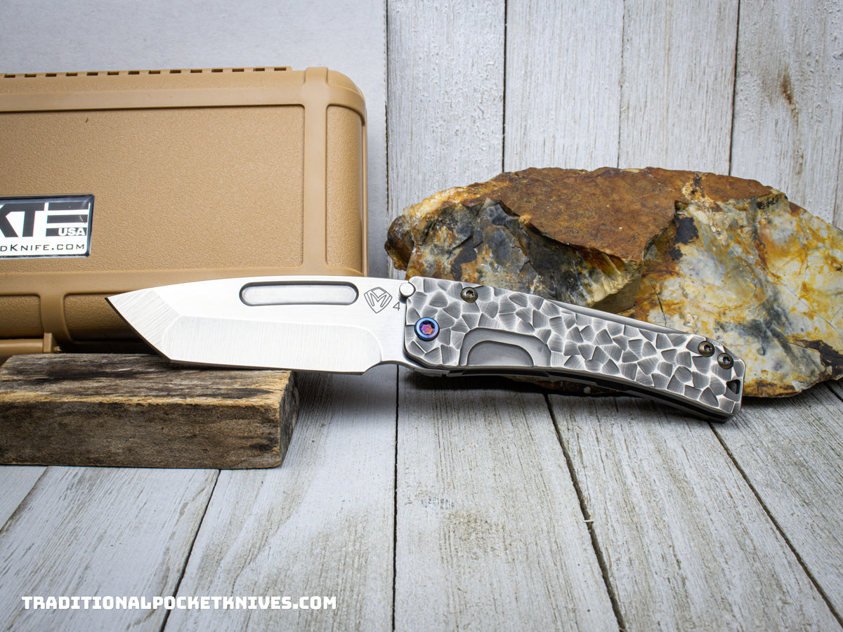 Medford Knives Slim Midi / Tumbled Tanto / S35VN / Brushed Silver &quot;Peaks and Valleys&quot; Handle and Spring / Flamed HW / Brushed Flamed Clip