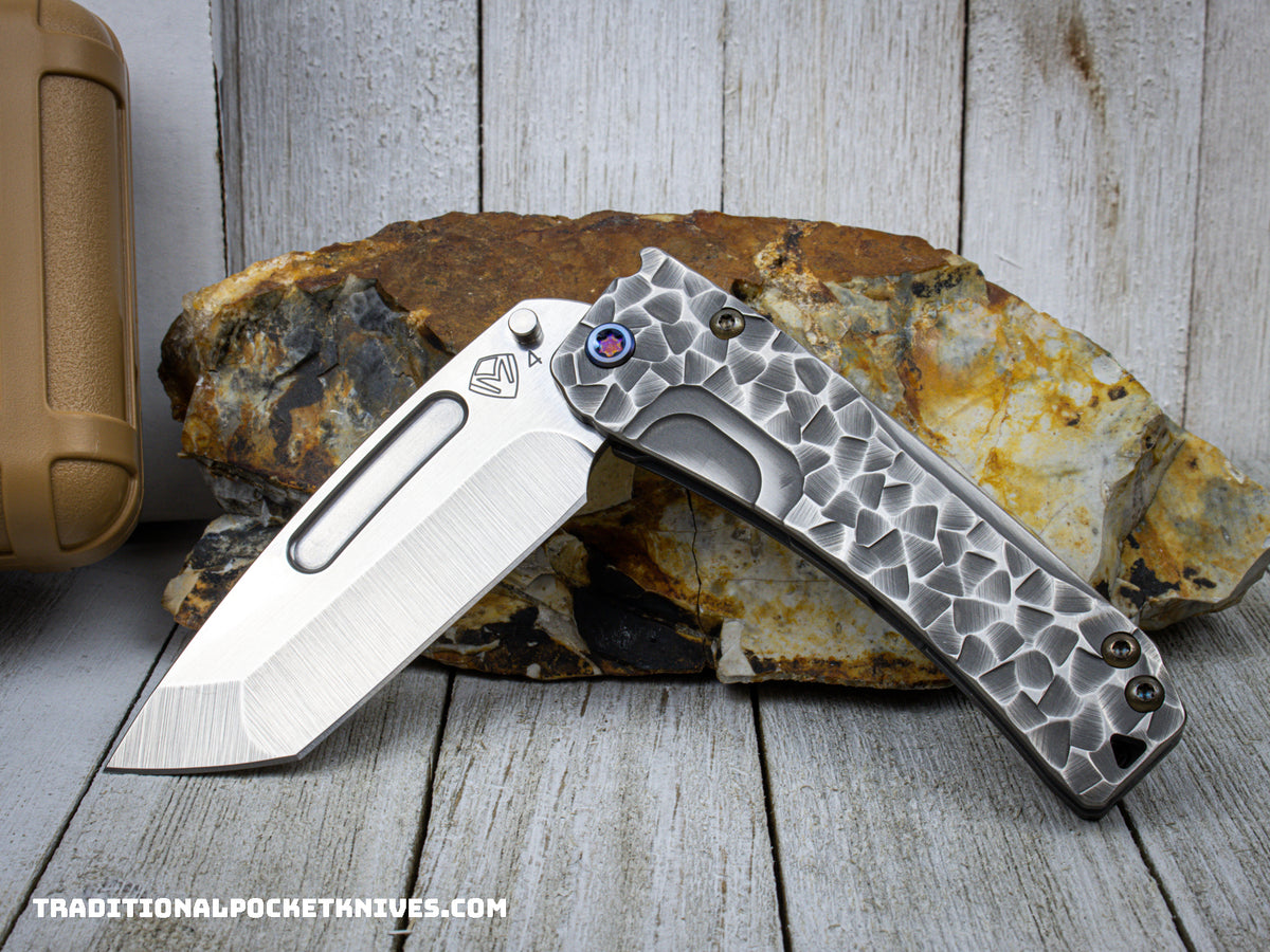 Medford Knives Slim Midi / Tumbled Tanto / S35VN / Brushed Silver &quot;Peaks and Valleys&quot; Handle and Spring / Flamed HW / Brushed Flamed Clip